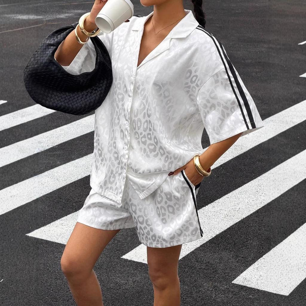 2026 New European and American Style Spice Girl Suit Leopard Print Satin Short-sleeved Shirt + High Waist Striped Shorts, Casual