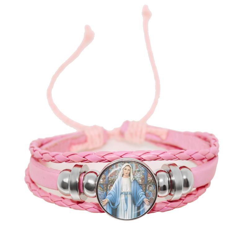 Virgin Mary Baby Jesus Christian Catholicism Jewelry Black Button Leather Bracelet Blessed Mother Religious Glass Cabochon Gift