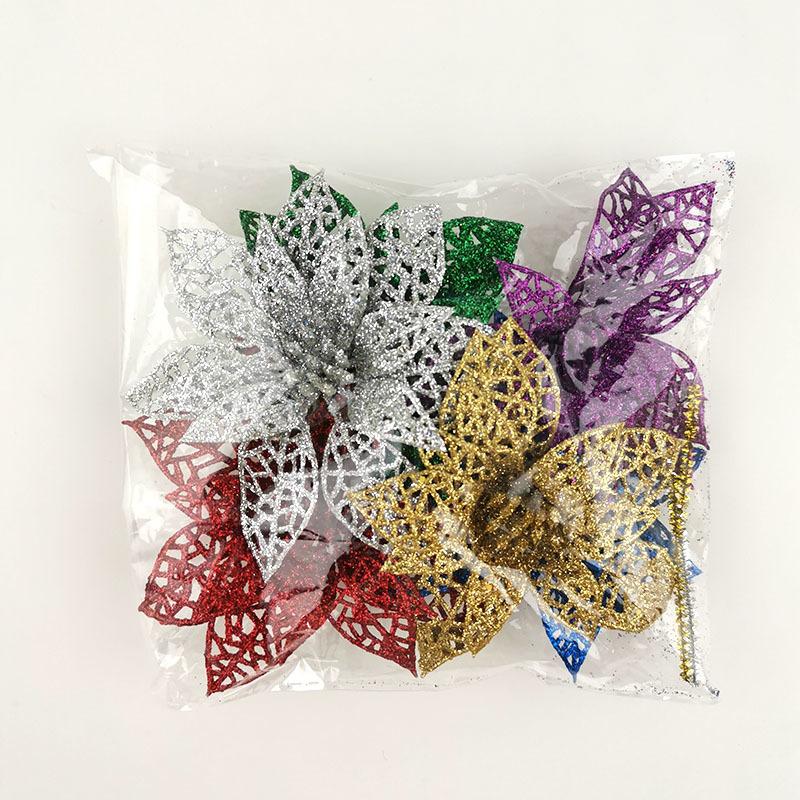 (6pcs/pack) Mixed Colors Artificial Christmas Tree Flower Glitter Decorations Xmas Ornaments New Year Gift