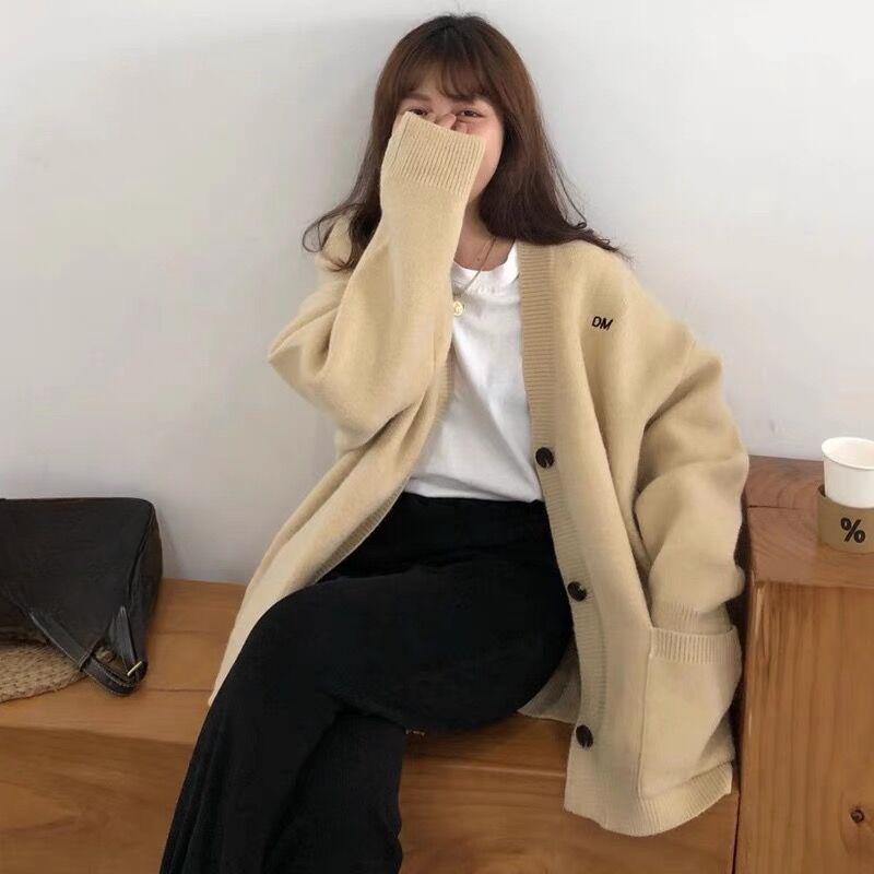 Dzianinowy Kardigan Damski Jesień i Zima Jednolity Kolor Haft Uczennice Codzienny Sweter z Dekoltem V w Stylu 'Lazy'