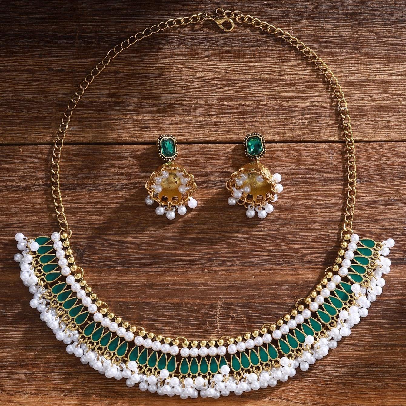 

Antique Jewelry Set Ethnic Style Oil Drop Necklace Earring Clavicle Chain Wedding Accessories зелений