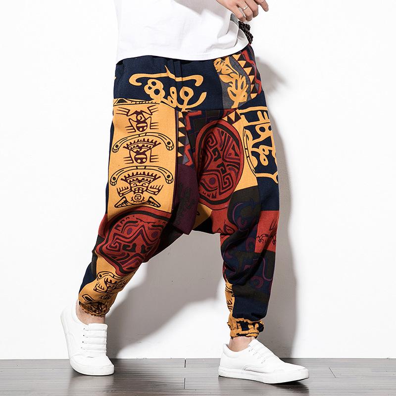 2026 Spring Men's Chinese-Style Cotton Linen Harem Pants - Printed Hip Hop Trousers