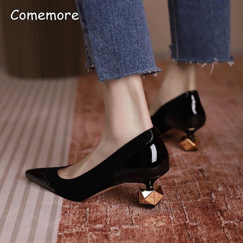Fashion Comemore Shallow Mouth Fashion Women's Shoe Summer 2025 New Classic Pointed Thick Heel Female Pumps Retro Ladies Heeled Shoes 39