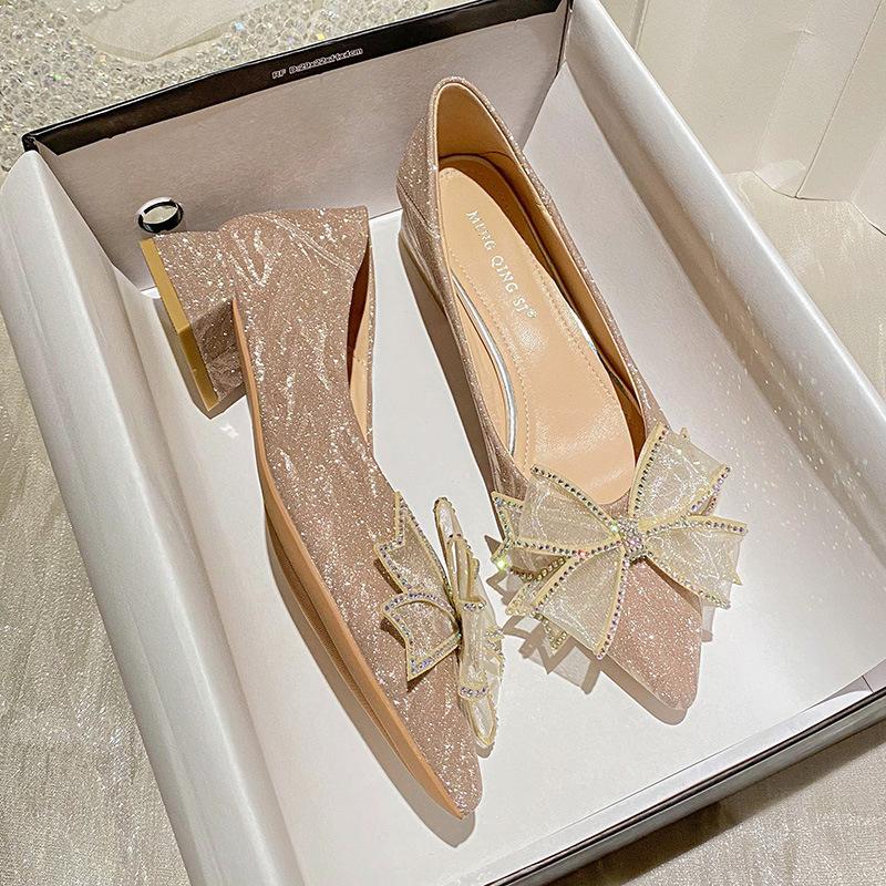 High Heels Women's New Temperament Shallow Mouth Rhinestone Pointed Bridesmaid Shoes Bow Thick Heel Single Shoes
