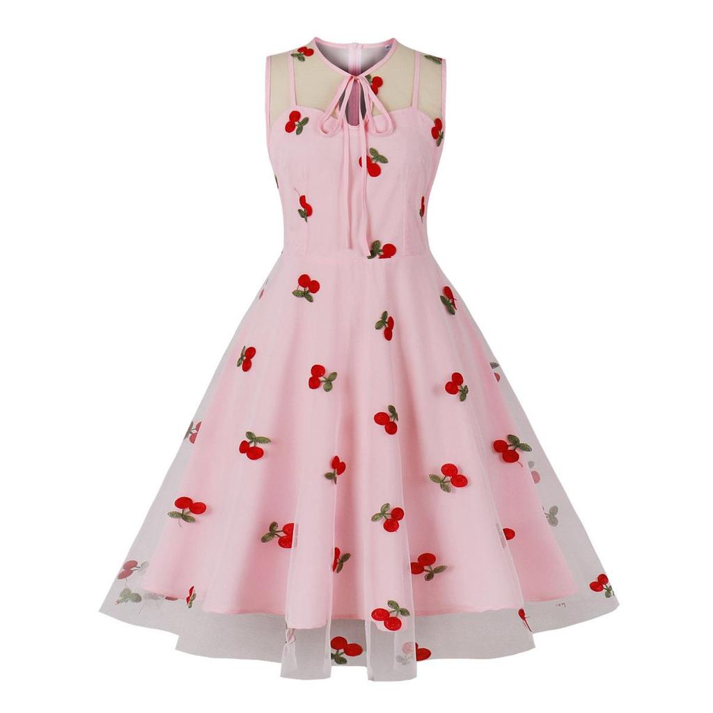 Women's Christmas Mesh Embroidered Midi Dress with Waist-Cinching and Sleeveless Design