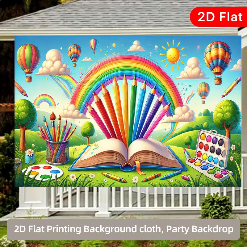 2D Flat Classroom Backdrop, Open Book with Rainbow Pencils & Hot Air Balloon Photo Background