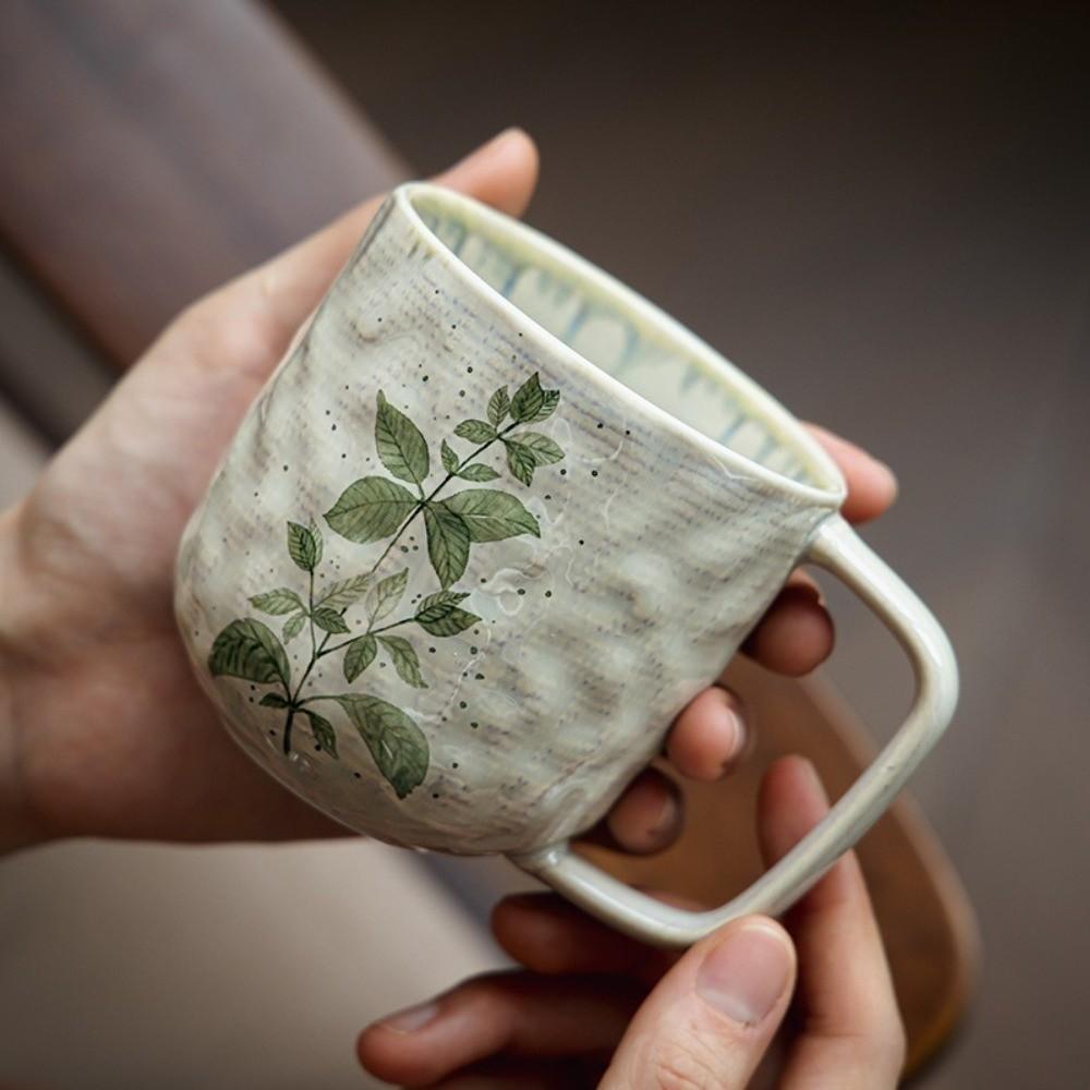 Comfortable Grip Leaf Print Water Cup Retro Breakfast Container Creative Coffee Mug  Cafe