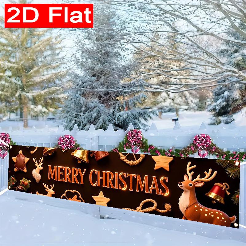 Merry Christmas Fence Banner, Deer & Jingle Bells Indoor Outdoor Design, Polyester Outdoor Yard Fence Lawn Garage Porch Balcony Decoration