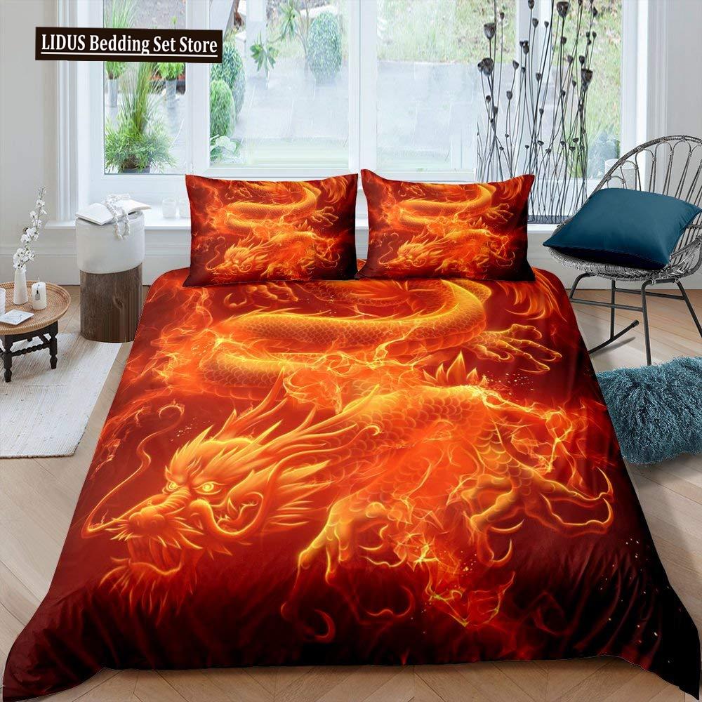 Red Base Black Dragon Print Duvet Cover Set Chinese Dragon Pattern Bedding Sets Full Size Microfiber 2/3 Pieces Comforter Sets