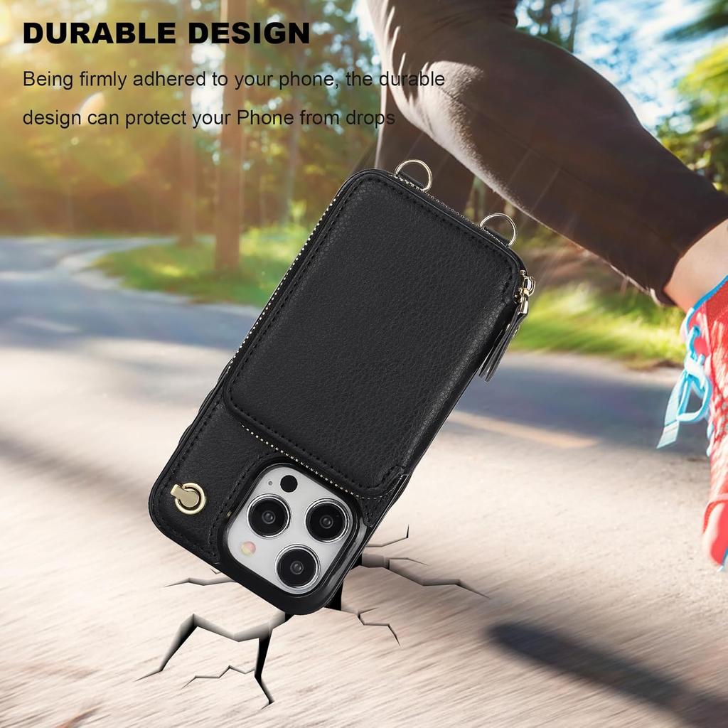 Bocasal Crossbody Wallet Case for iPhone 15 Pro, RFID Blocking Leather Purse Case with Card Holder, Protective Handbag Flip Cover with Zipper Wrist