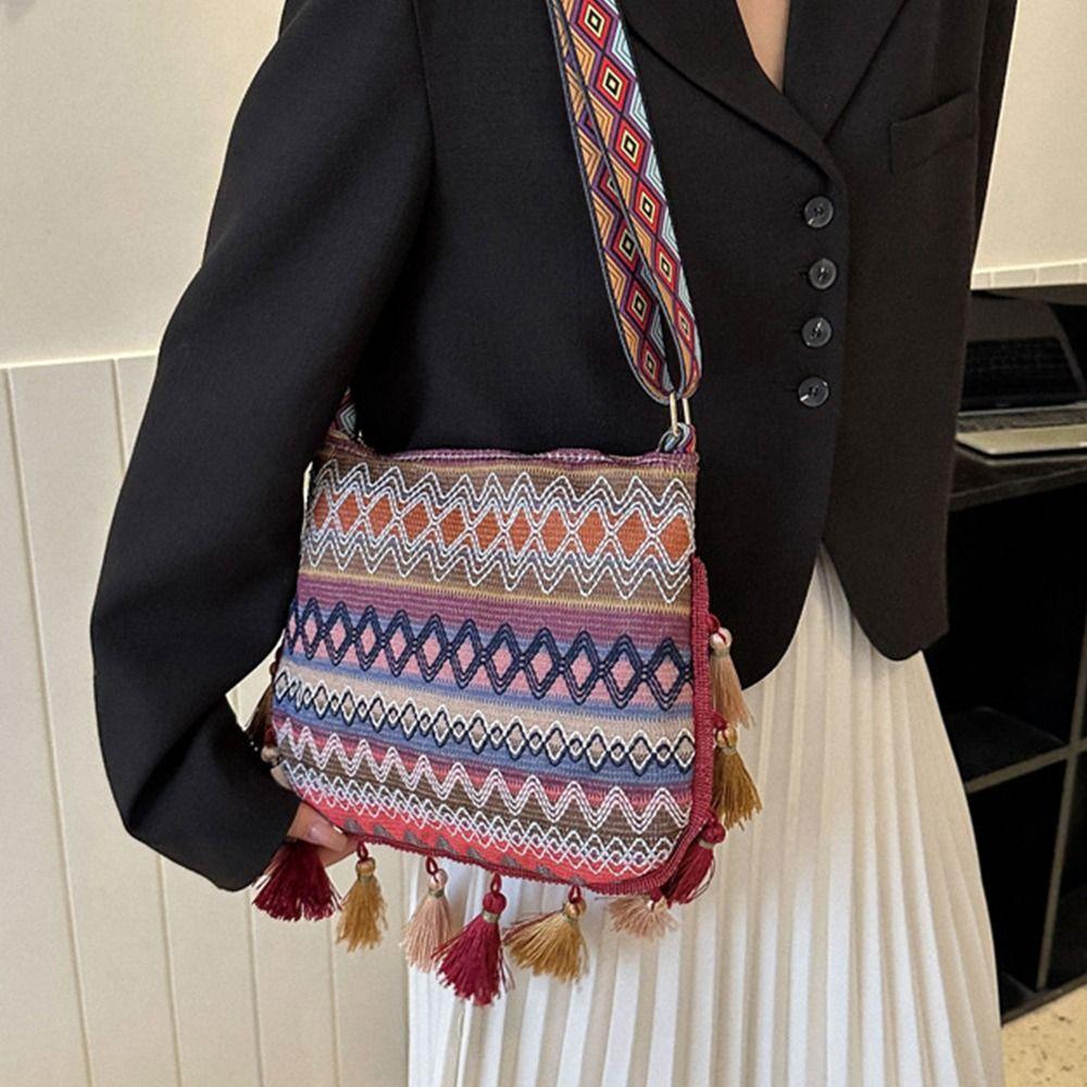 Tassel Fringe Shoulder Bag Woven Bag Bohemian Shoulder Bag Ethnic Style Crossbody Bags  Outdoor