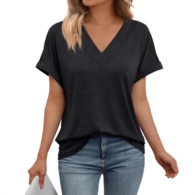 Women's Casual V-Neck Batwing Sleeve T-Shirt Loose Fit Solid Color Summer Top