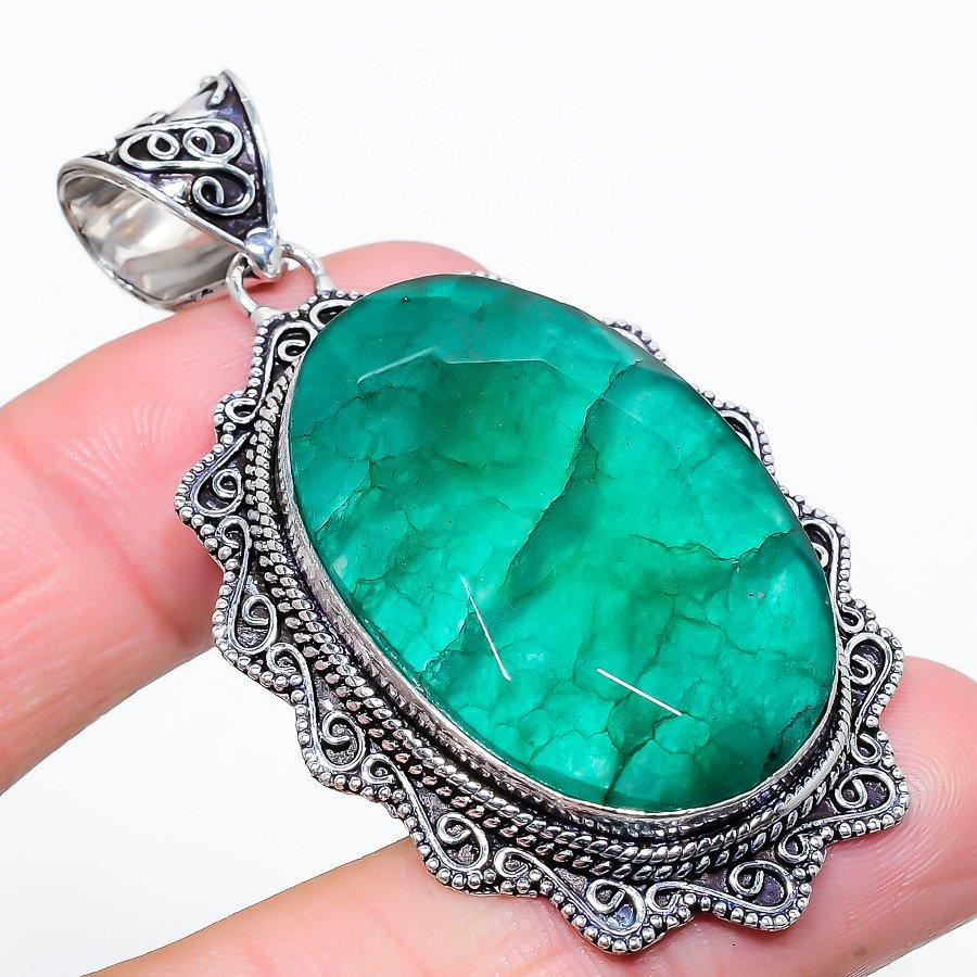 

Изумруд(Смоделированный) Этническая ювелирная подвеска ручной работы с драгоценными камнями 2,44 дюйма SR-1563