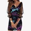 Women Dress See-through Mesh Patchwork Plus Size A-line V Neck Shiny Sequin Loose Long Sleeve Letter Print Above Knee Length Mini Dress