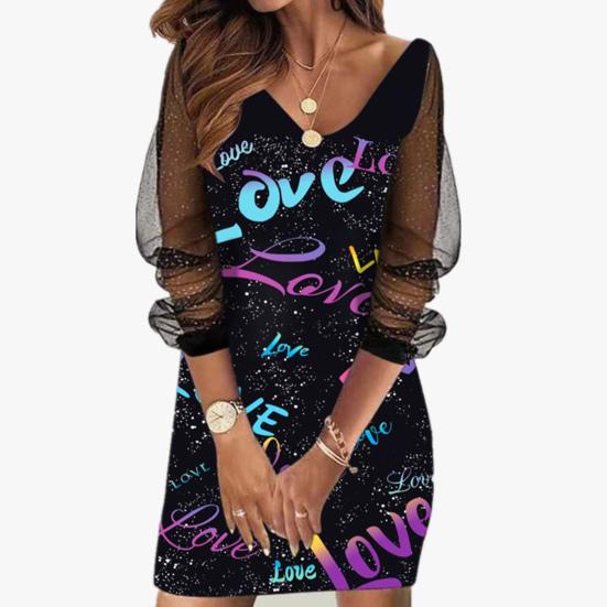 Women Dress See-through Mesh Patchwork Plus Size A-line V Neck Shiny Sequin Loose Long Sleeve Letter Print Above Knee Length Mini Dress