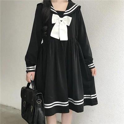 Černé šaty Lolita Dámské Mašli Patchwork Volný Japonský Preppy Styl Námořnický límec Kawaii Šaty s dlouhým rukávem Jk Dívčí outfit