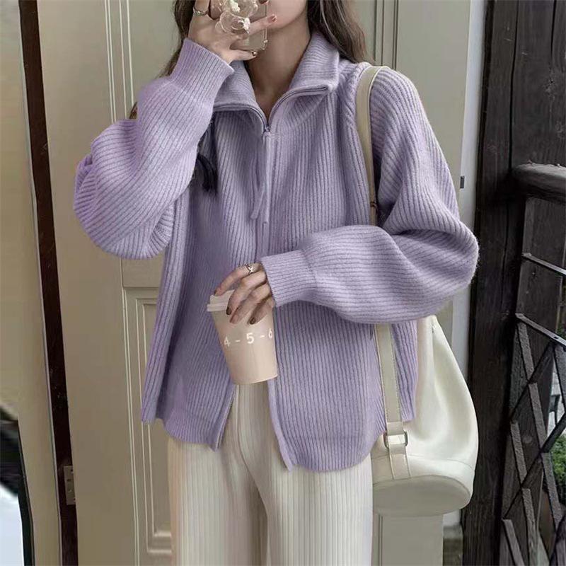 Stand-up collar pit strip double-ended zipper knitted cardigan top trendy autumn and winter new soft waxy meat-covering thin sweater jacket women