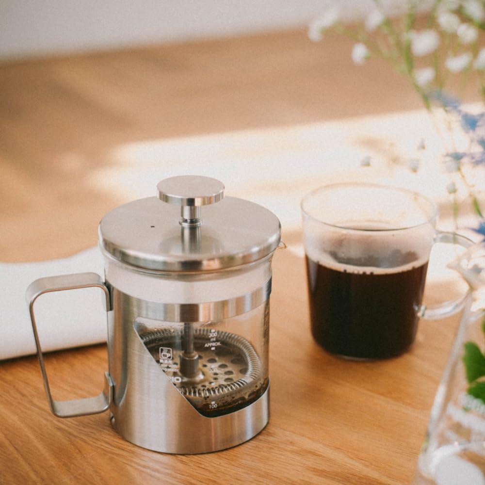 HARIO Hariol 7 Press Coffee Glass and Stainless 300ml Silver Maker, Heat-Resistant Steel, Capacity, (THSV-2-HSV)