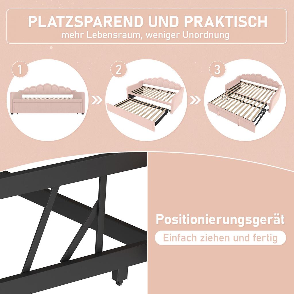 Schlafsofa Flieks Tagesbett 90×200 cm (ausziehbar auf 180×200 cm) mit farbwechselndem LED-Streifen, Rosa