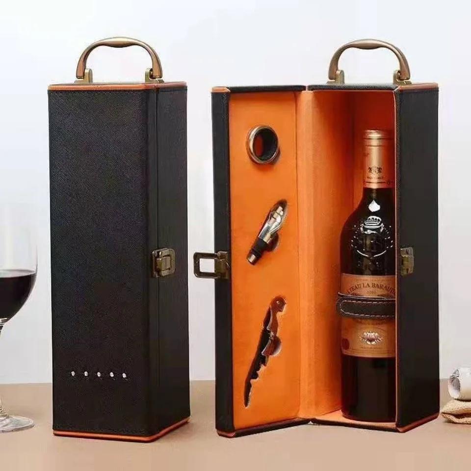 Classic PU Leather Single Red Wine Holder Luxury Ring Paper Cutter Seahorse Knife Pourer Wooden Packing Box Gift