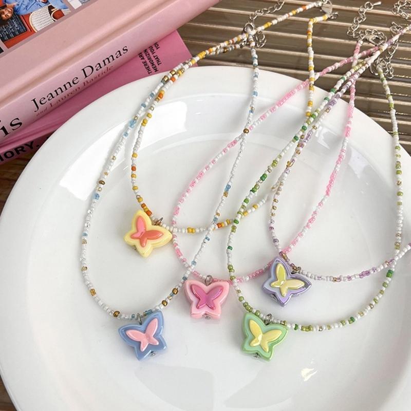 Acrylic Butterfly Beaded Necklaces Butterfly Pendant Choker Beads Chokers Party Accessories Gift for Women Girlfriends