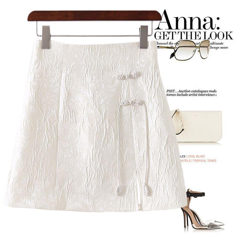 

Special Price Big Sale! White Satin Jacquard Nail Discoid Flowers Buckle High Waist A- line Skirt Short Skirt for Women White M