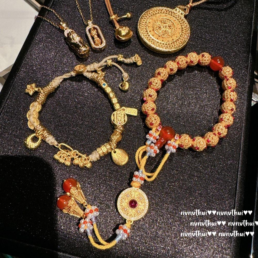 Ancient Gold, Silk Chisel Carved Pine Flower Eighteen Seeds Safety Buckle Bracelet, New Chinese Style, Vajra Pestle Flower Window Necklace