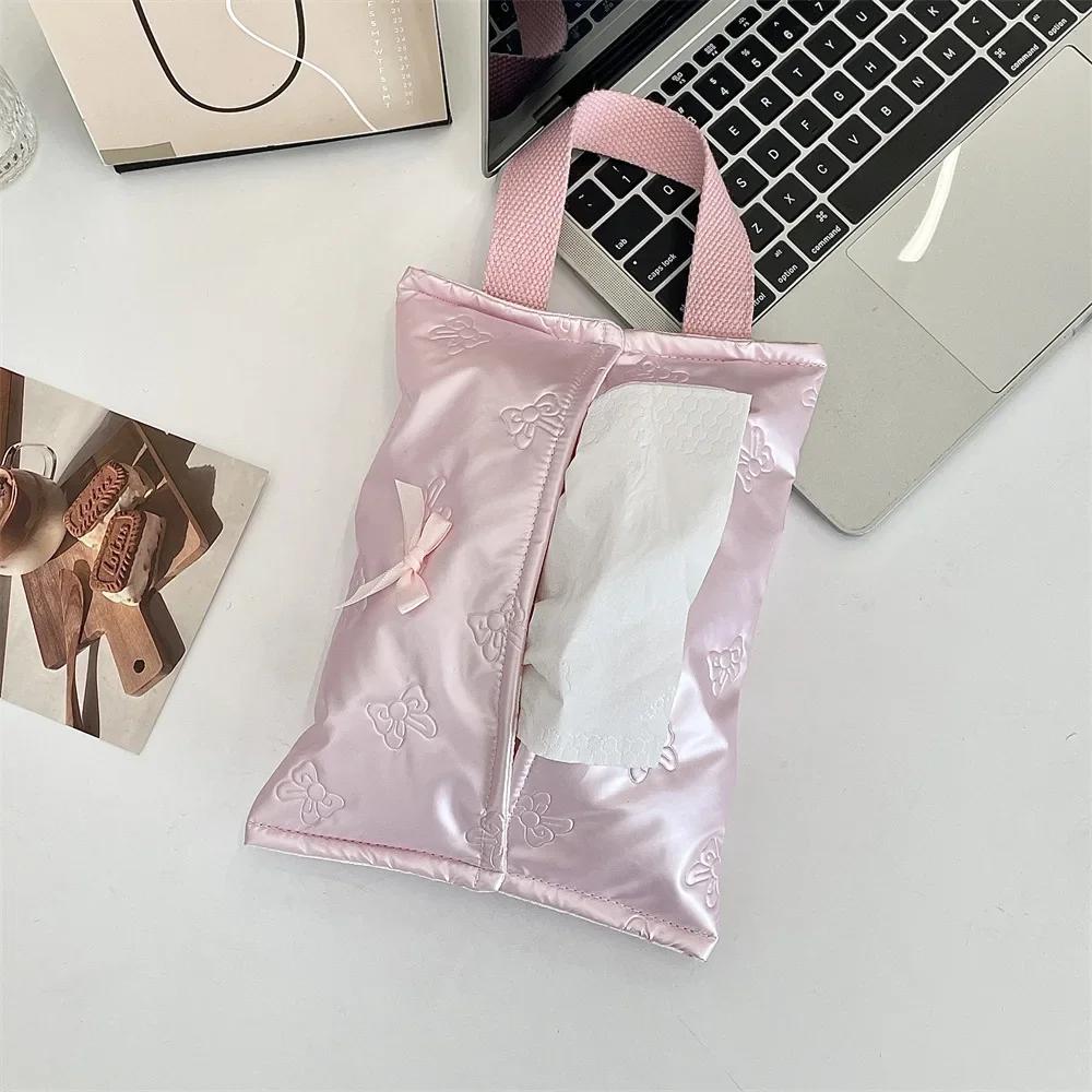 Silvery Bow Flip Cover Tissue Box Wet Wipes Case Car Hanging Bag Portable Paper Holder Removable Napkin Storage Case Home Decor