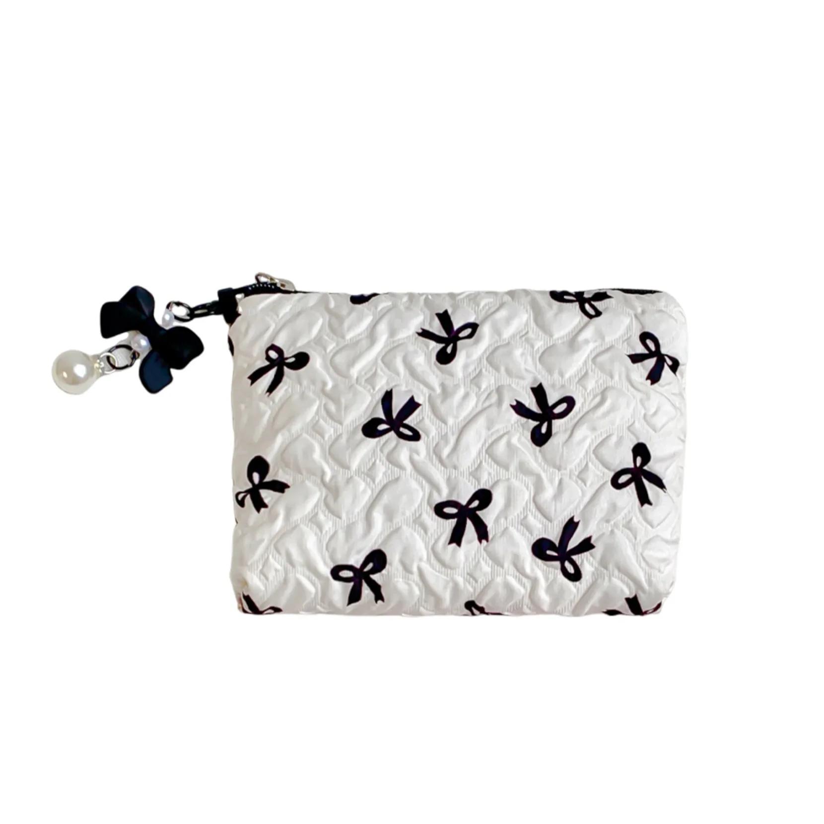 

Маленькая ручная косметичка с розовым черным бантом и принтом, женская удобная мини-сумка для помады, косметичка, сумка для хранения гигиенических салфеток