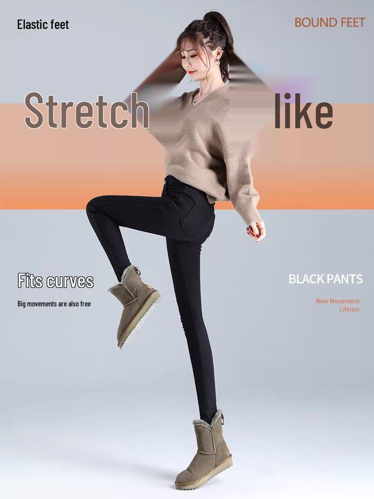 Women's Black High-Waisted Fleece-Lined Leggings, 2025 Winter Style, Thick, Elastic, Slim-Fit