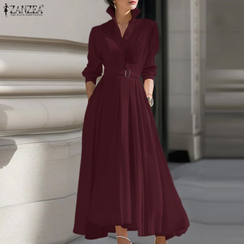 ZANZEA Women Casual Turn Down Collar Long Sleeve Loose Long Shirt Dress