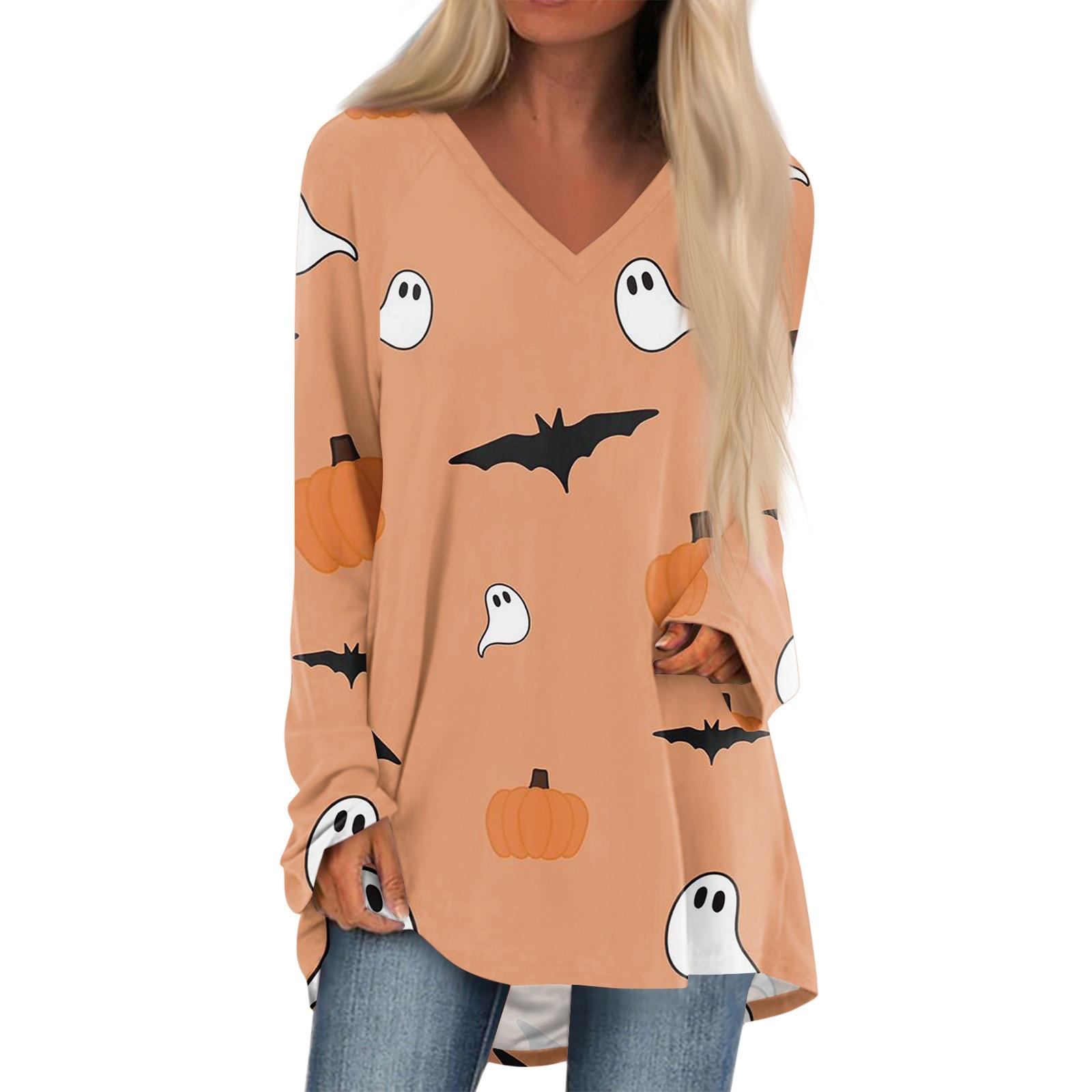 

Женская повседневная футболка с длинными рукавами и V-образным вырезом с принтом Halloweenl, длинная свободная футболка XXXXL