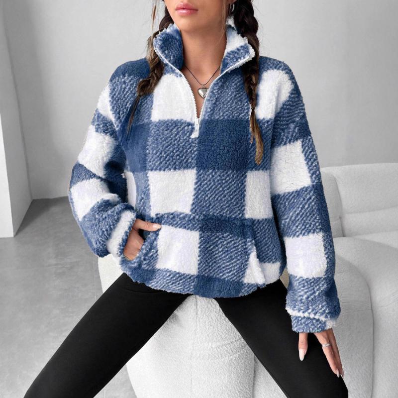 2025 Autumn and Winter Fashionable Short Plaid Half-open Collar Plush Sweatshirt for Women
