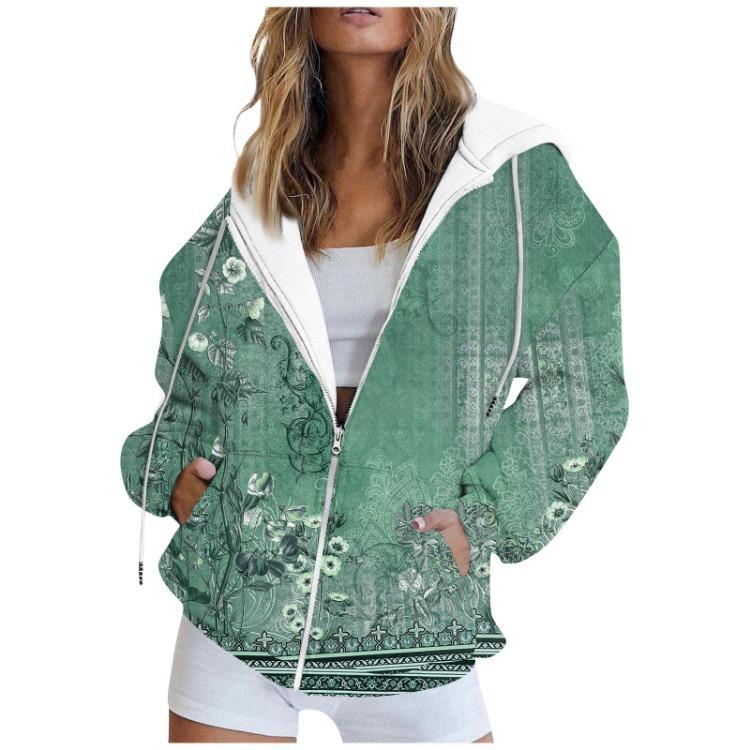 Fashion Women Casual Hoodie Coat Zipper Jacket Long Sleeve Printed Sweatshirt Cardigan with Pocket Autumn Winter Outerwear