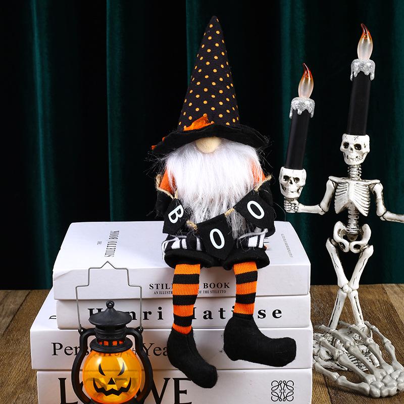 Halloween Witch Gnome Broom Decoration with Black Hat and Long Legs Pumpkin Ornament