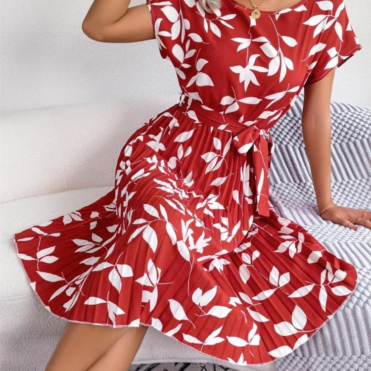 

Весна Лето Женское Платье с Цветочным Кружевом Плиссированное Средней Длины с Коротким Рукавом Повседневная Мода 6XL