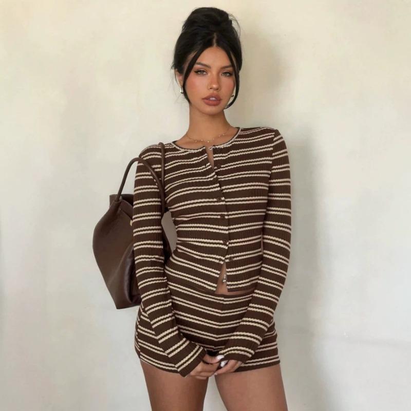 Women Slim Fit Round Neck Striped Knit Cardigan Long Sleeve Shorts Two Piece Set