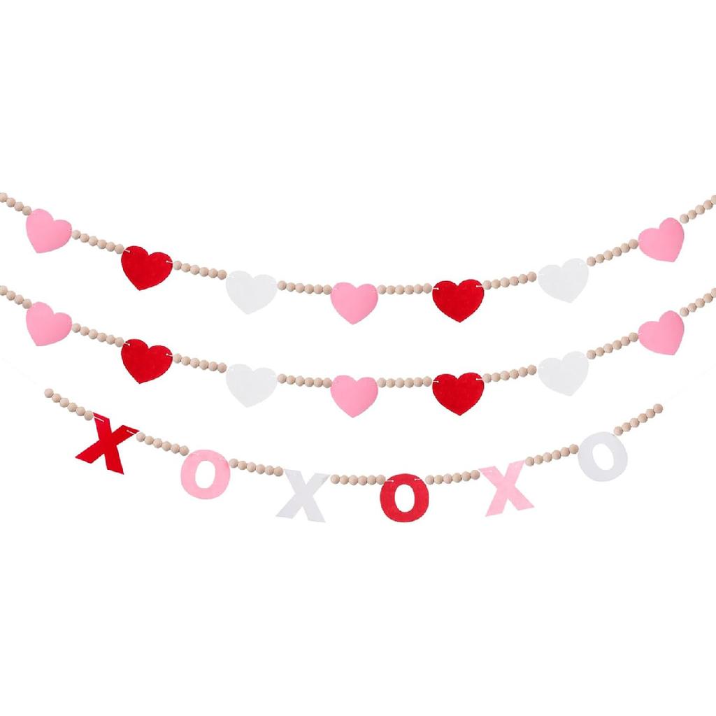 3 Pcs Valentine's Day Garland Heart XOXO Garland for Valentine's Day Mantle Decor Hanging Felt Hearts XOXO Letter Wood Bead Banner for Fireplace