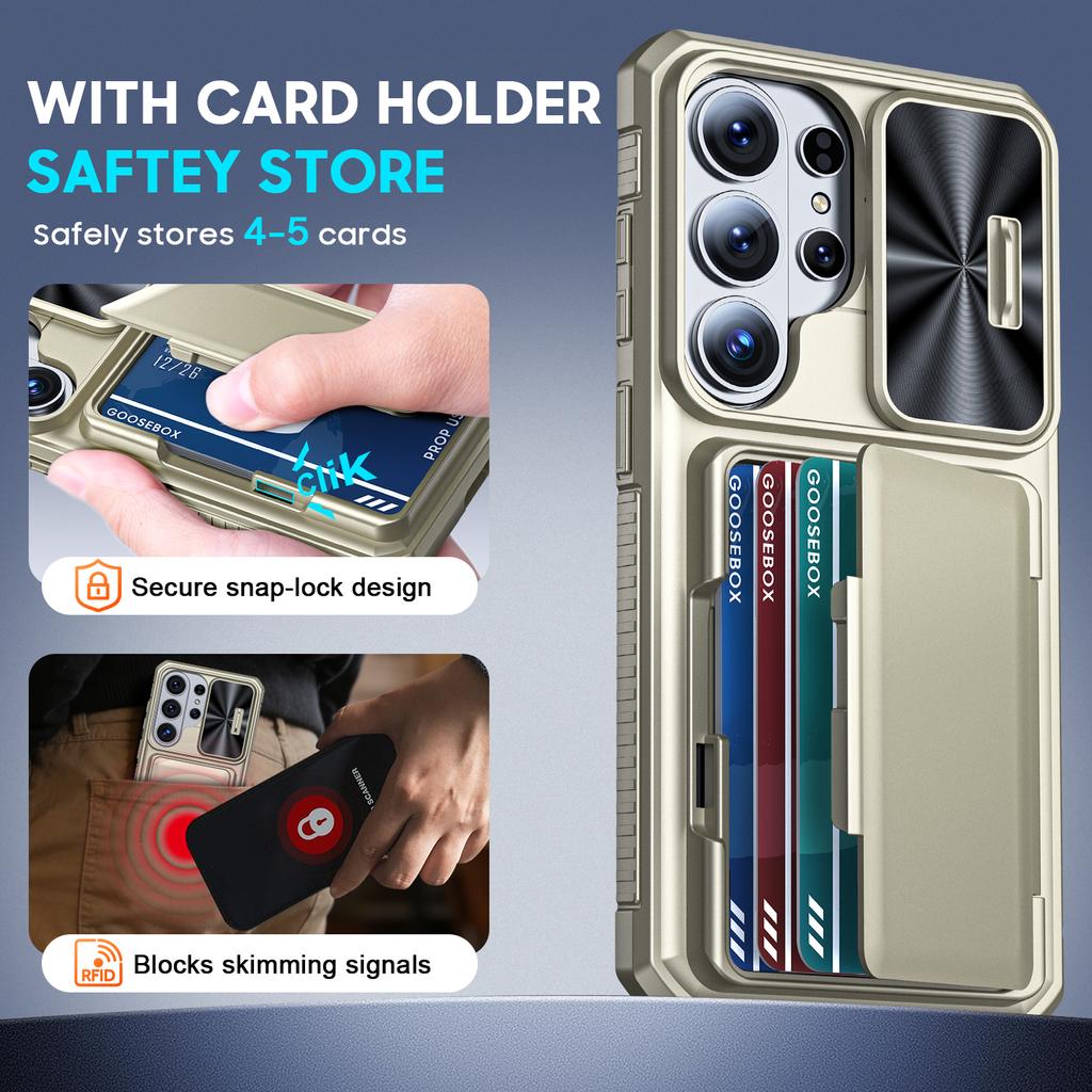 With Card Holder Sliding Camera Cover And Stand For Samsung Galaxy S26 Ultra Phone Case, Anti-Fall PC+TPU Wallet Case-Champagne