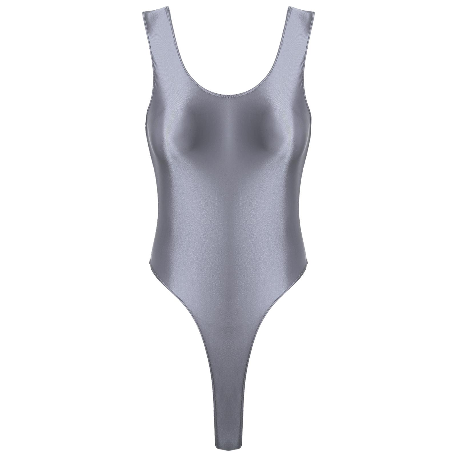 

Жіночий глянцевий боді з високим вирізом, без рукавів, цільний купальник для йоги, плавання та фітнесу XL темно-сірий колір