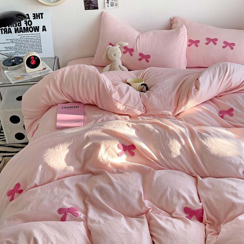 Black Bow Embroidery Duvet Cover 3 Pieces Set Girl Adult Bedroom Pink Decor Quilt Cover Solid Color Bedding with 2 Pillowcases