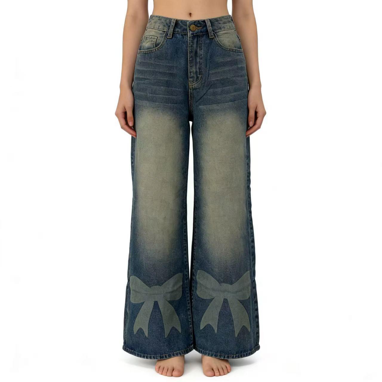 Retro Wide-Leg Bow Print Washed Women s Jeans L