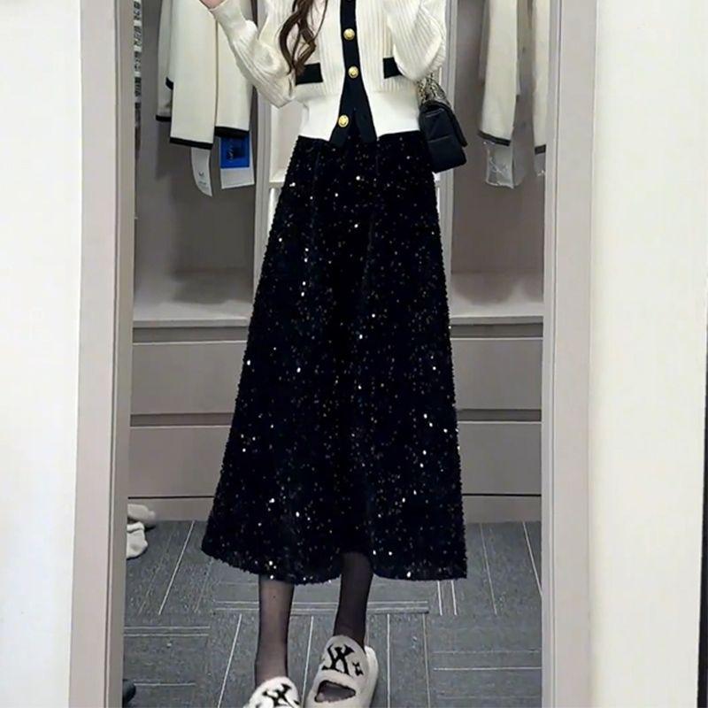 Women s Black Sequined Velvet Midi Skirt - Fashionable and Elegant for Spring and Autumn 4XL
