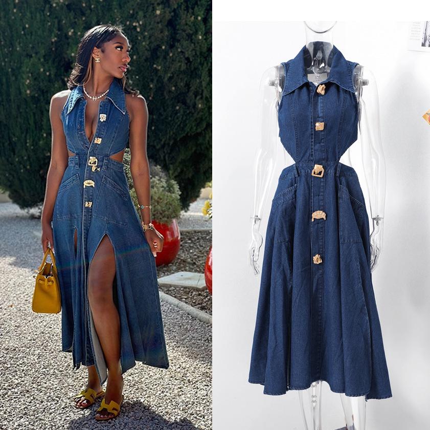 Abito rétro in denim senza maniche a linea ad A con vita cut-out e spacco