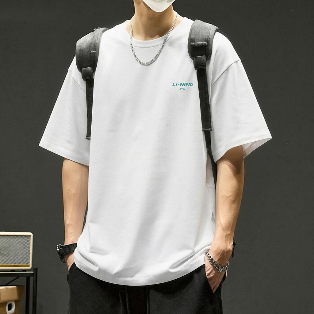 Li-Ning Versatile Loose Fit Cotton Skin-Friendly Comfortable Sports Short Sleeve T-Shirt Men Tops Standard-White AHSW879-2