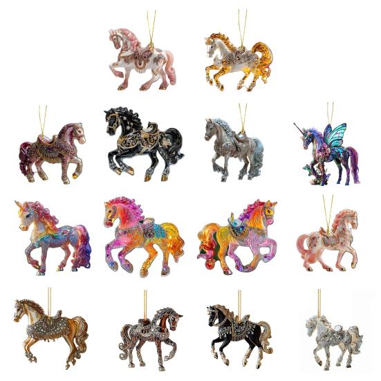 2 Pcs Horse Christmas Ornament Acrylic Sparkly Rhinestones Horse Hanging Decoration 2D Flat Christmas Tree Ornament for Horse Lovers