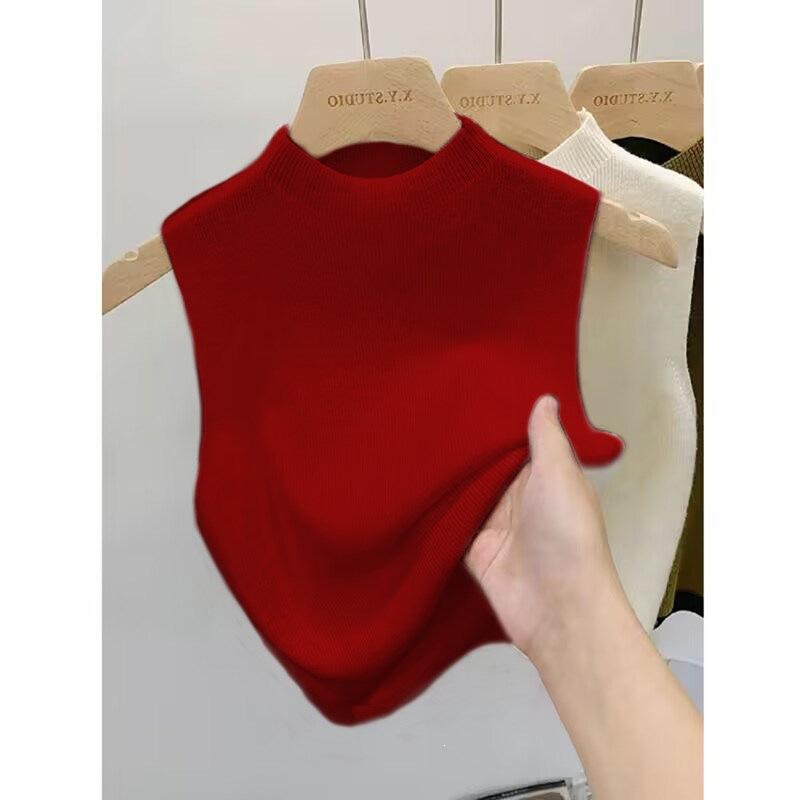 Semi-turtleneck Knitted Suspender Small Vest Women's Early Autumn Spring Suit with Bottoming Shirt Inside, Sleeveless Outer Wear Short Sweater Winter
