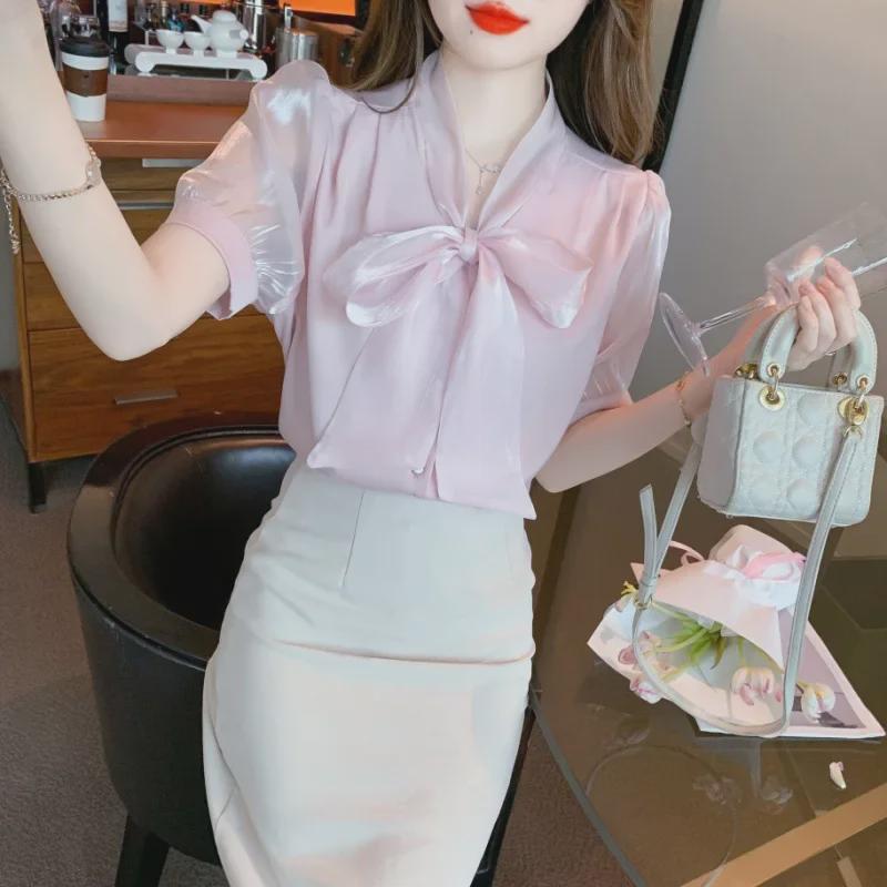 2025 Summer New Korean Style V-Neck Bow Lace Chiffon Shirt - Pink Sweet Short-Sleeved Top