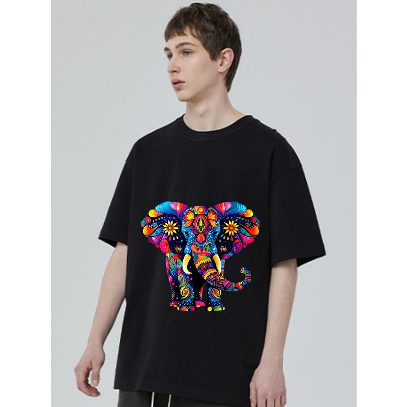 Colorful Elephant Pattern T Shirt Black Psychedelic Animal Print Unisex Casual Wear For Men Women Streetwear Fashion Top