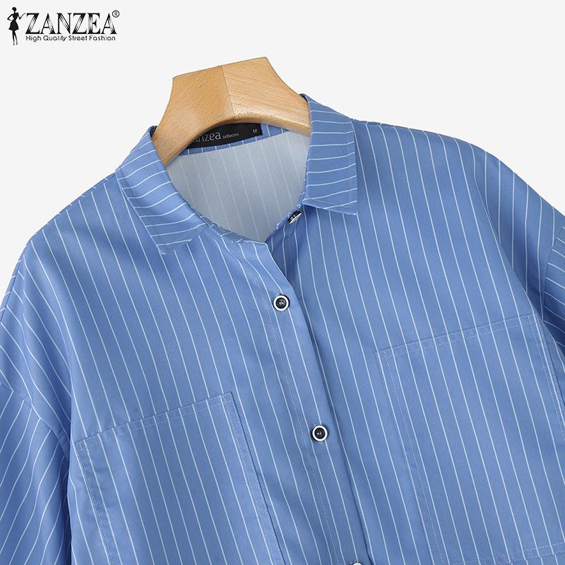 ZANZEA Women Casual Turn Down Collar Short Sleeve Loose Stripe Blouse